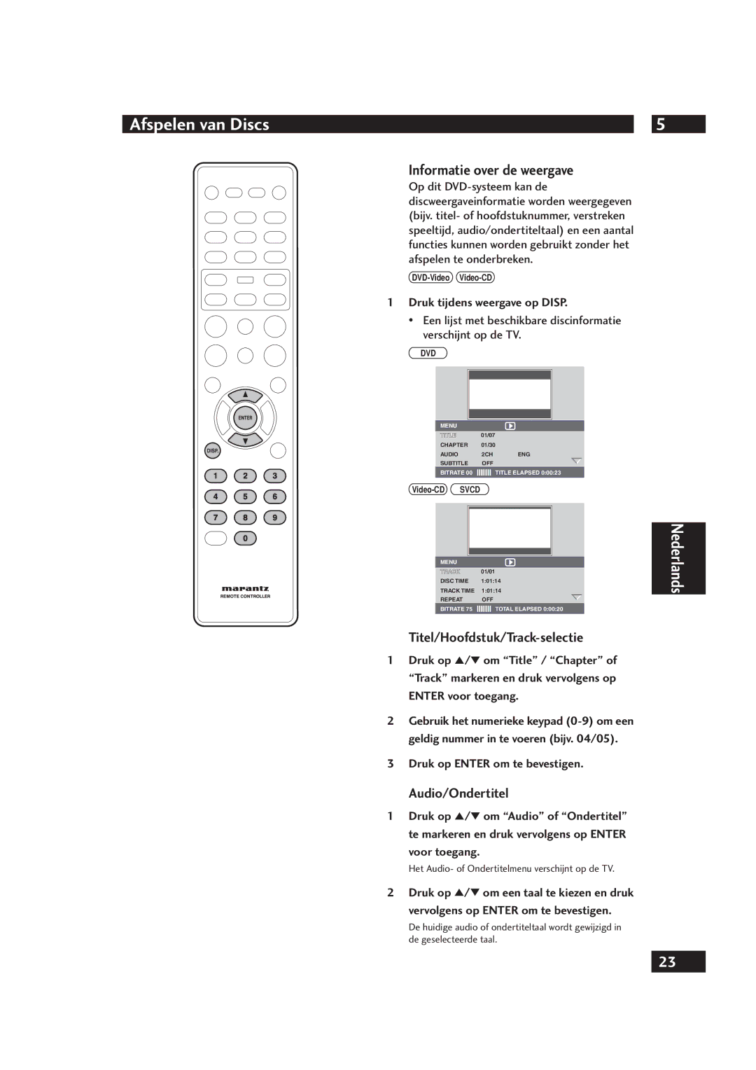 Marantz DV4001 manual Informatie over de weergave, Titel/Hoofdstuk/Track-selectie, Audio/Ondertitel 