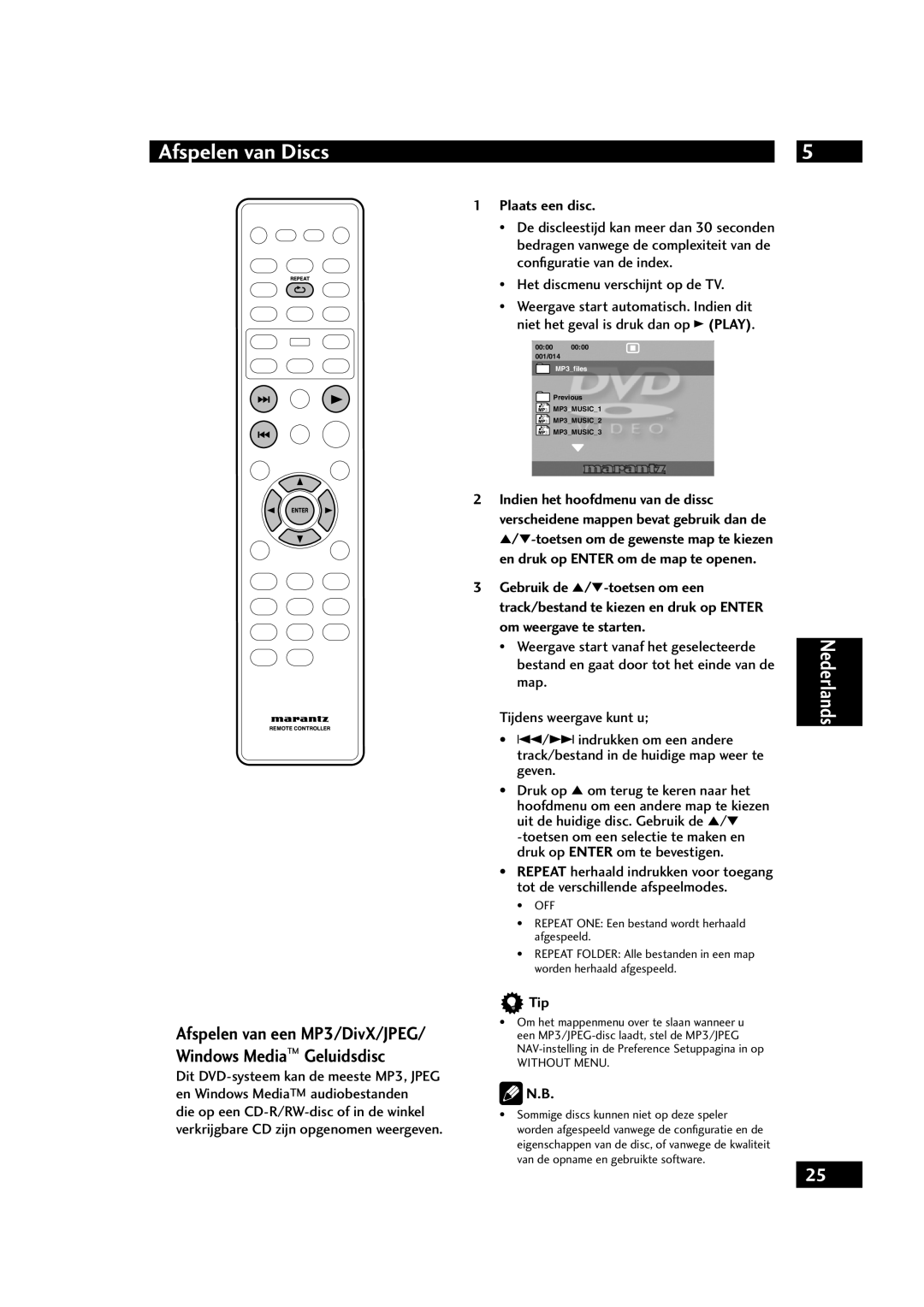 Marantz DV4001 manual Afspelen van een MP3/DivX/JPEG/ Windows Media Geluidsdisc, Plaats een disc 