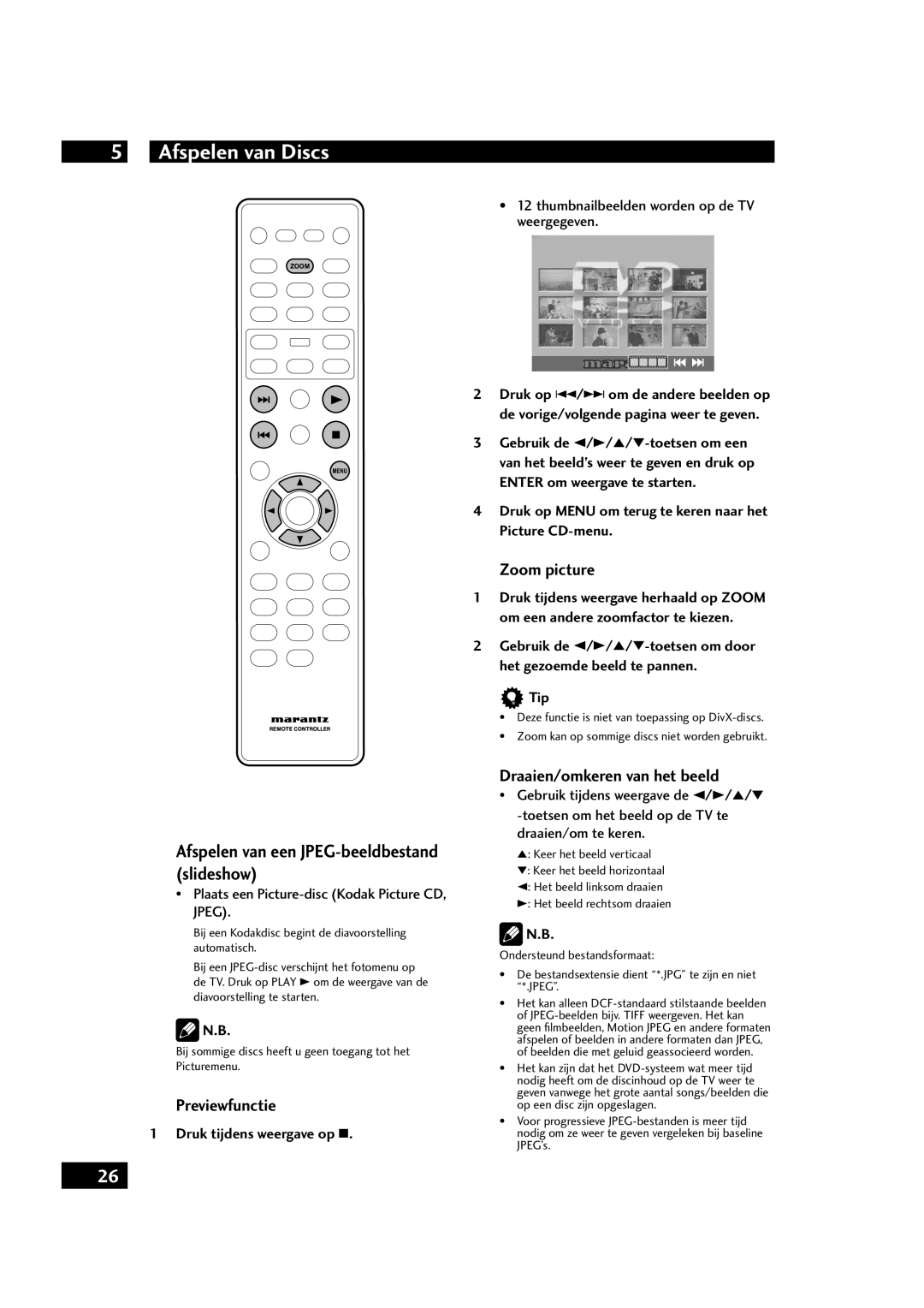 Marantz DV4001 manual Afspelen van een JPEG-beeldbestand slideshow, Previewfunctie, Draaien/omkeren van het beeld 