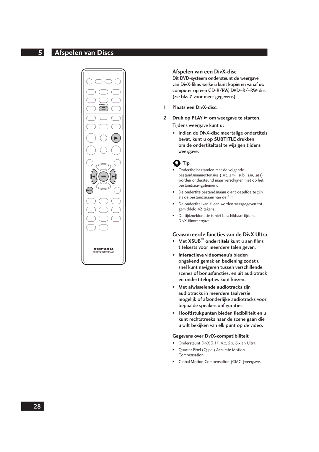 Marantz DV4001 Afspelen van een DivX-disc, Geavanceerde functies van de DivX Ultra, Gegevens over DviX-compatibiliteit 