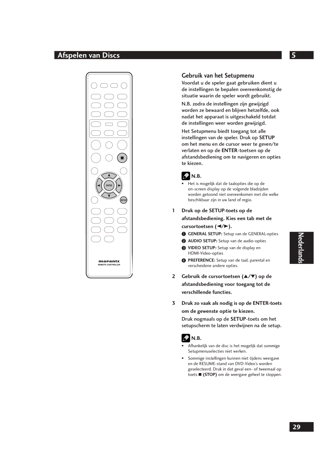 Marantz DV4001 manual Gebruik van het Setupmenu, Video Setup Setup van de display en HDMI-Video-opties 