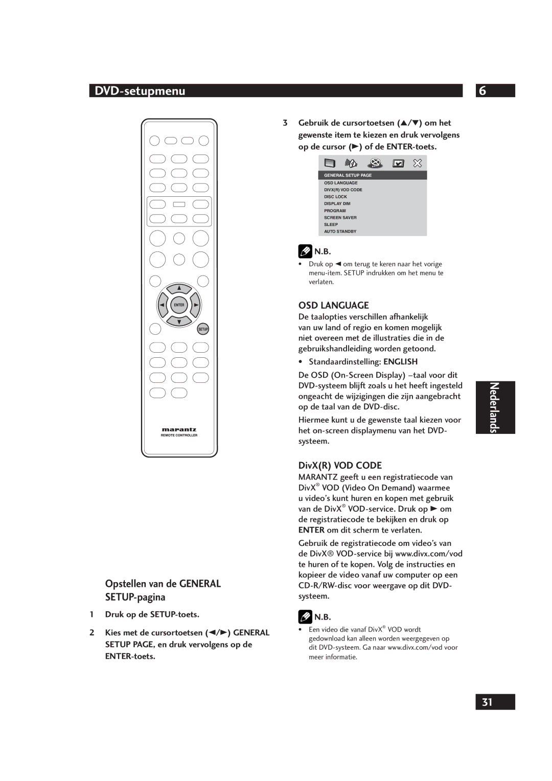 Marantz DV4001 manual Opstellen van de General SETUP-pagina, Druk op de SETUP-toets, Kies met de cursortoetsen 2/3 General 