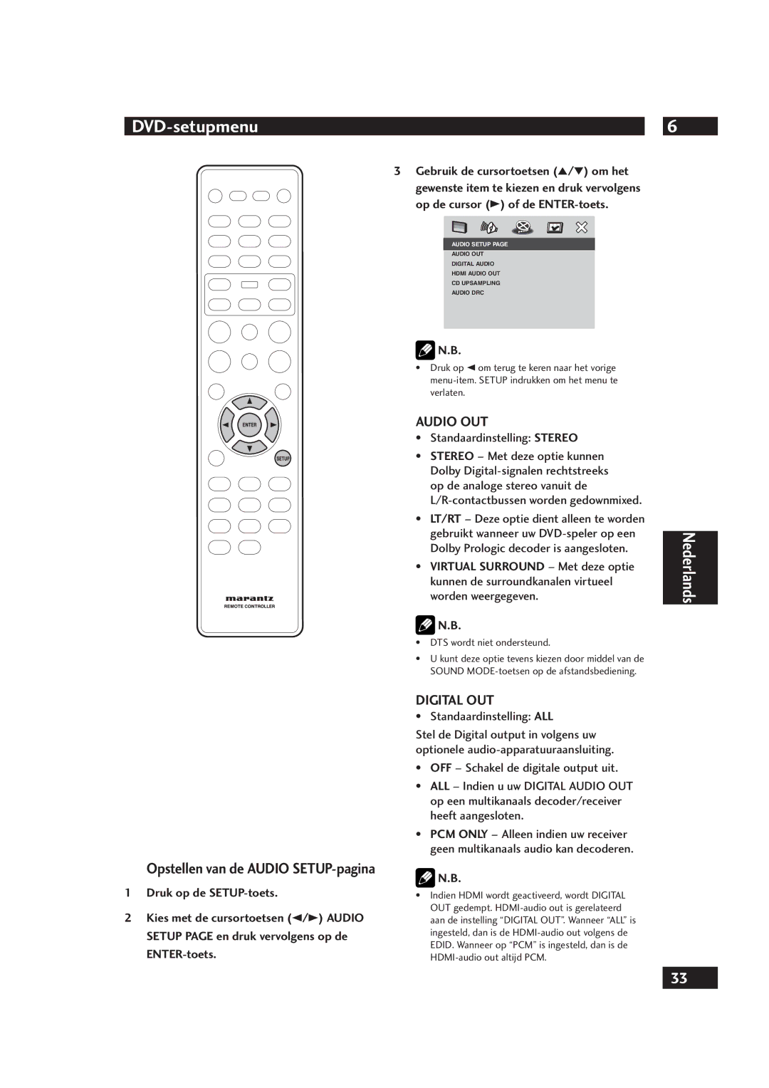 Marantz DV4001 manual Standaardinstelling Stereo, Standaardinstelling ALL, DTS wordt niet ondersteund 