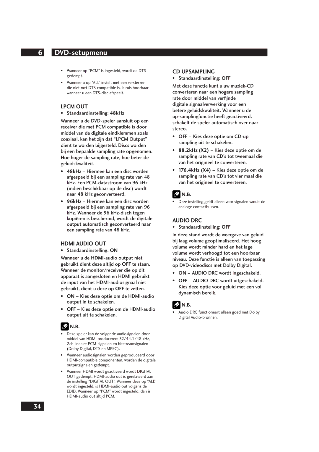 Marantz DV4001 manual Standaardinstelling 48kHz, Standaardinstelling OFF, Wanneer op PCM is ingesteld, wordt de DTS gedempt 