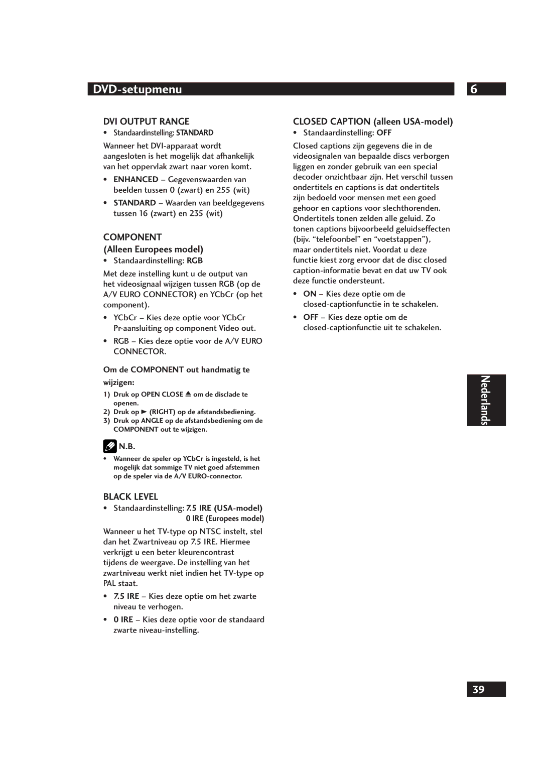 Marantz DV4001 manual Component, Alleen Europees model, Closed Caption alleen USA-model 