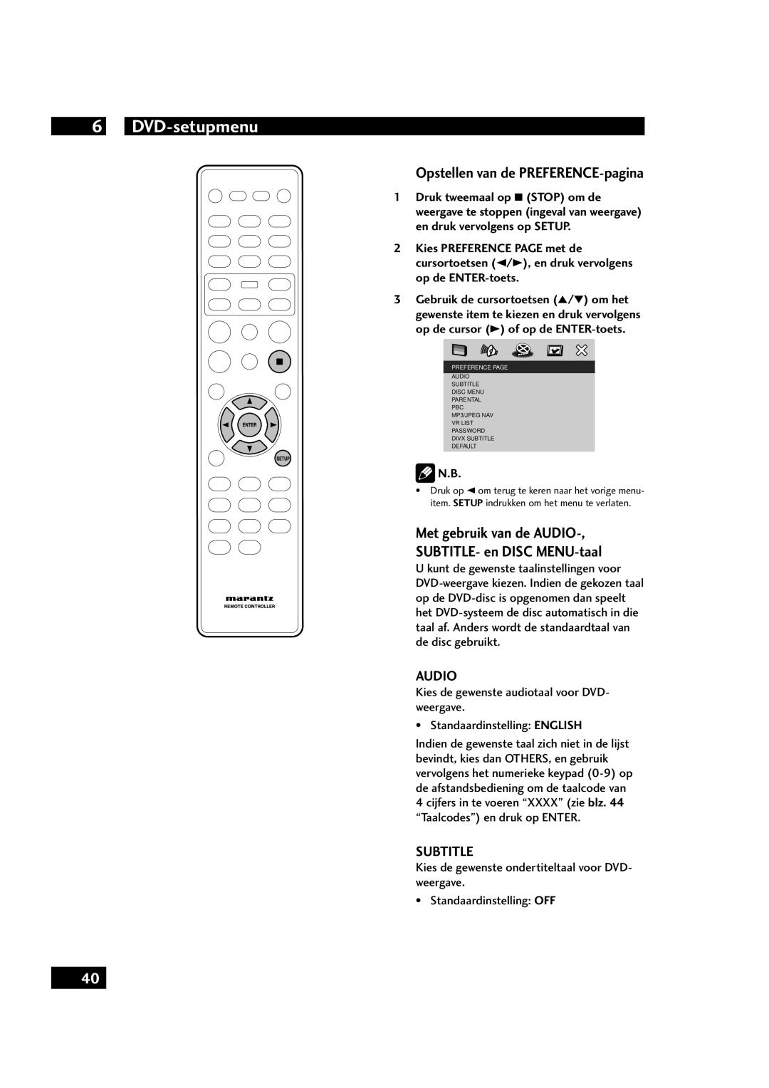 Marantz DV4001 manual Opstellen van de PREFERENCE-pagina, Met gebruik van de Audio SUBTITLE- en Disc MENU-taal 