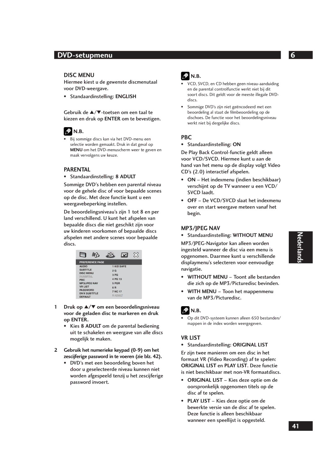 Marantz DV4001 manual Standaardinstelling 8 Adult, Standaardinstelling Without Menu, Standaardinstelling Original List 