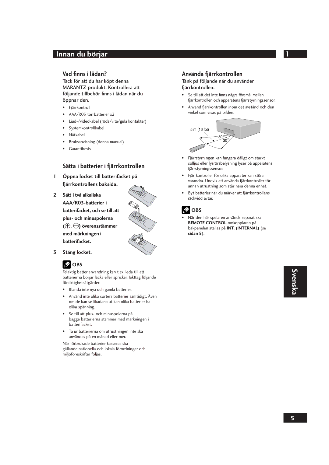 Marantz DV4001 manual Vad ﬁnns i lådan?, Sätta i batterier i fjärrkontrollen, Använda fjärrkontrollen, Stäng locket, Obs 