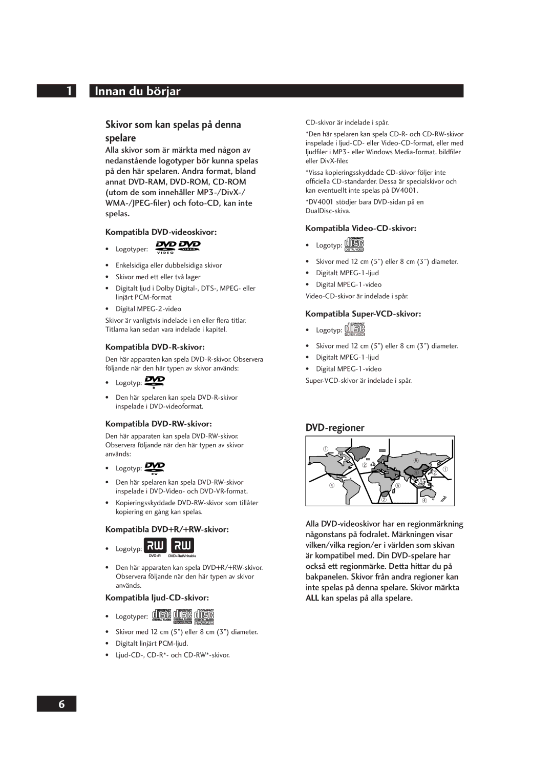 Marantz DV4001 manual Skivor som kan spelas på denna spelare, DVD-regioner 