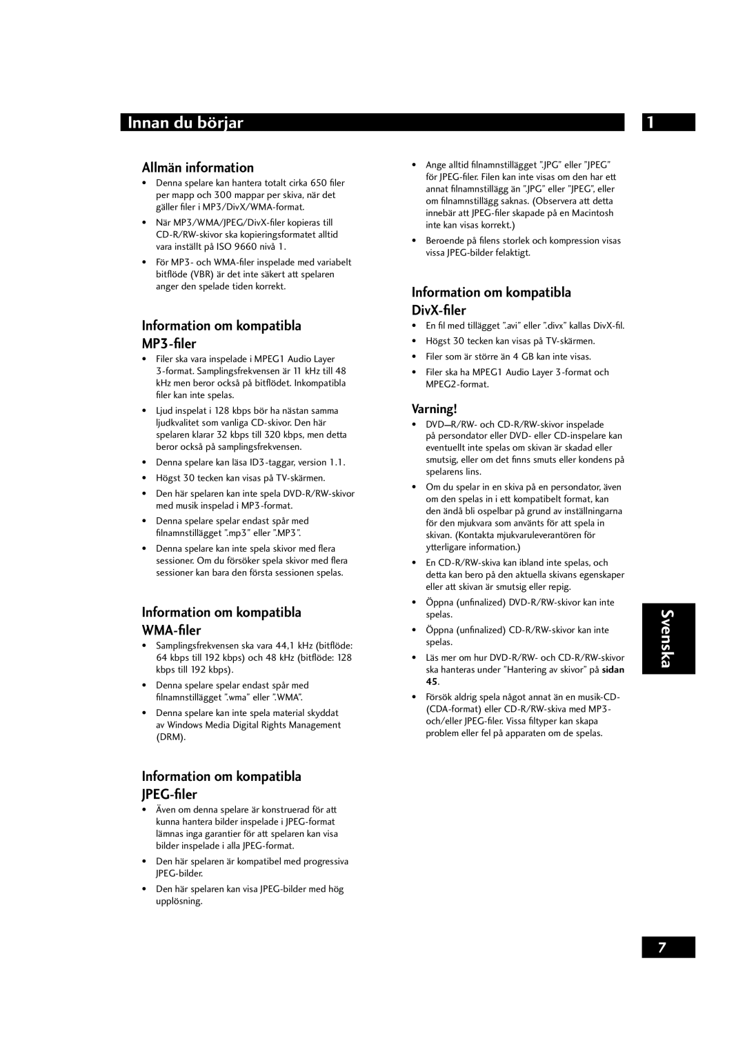 Marantz DV4001 manual Allmän information, Information om kompatibla MP3-ﬁler, Information om kompatibla WMA-ﬁler 