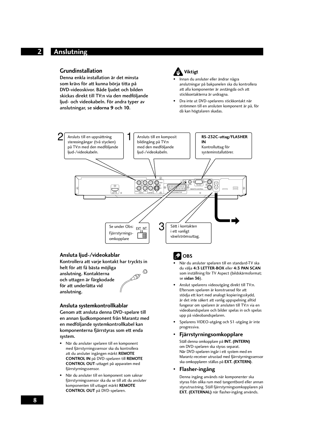 Marantz DV4001 manual Anslutning, Grundinstallation 