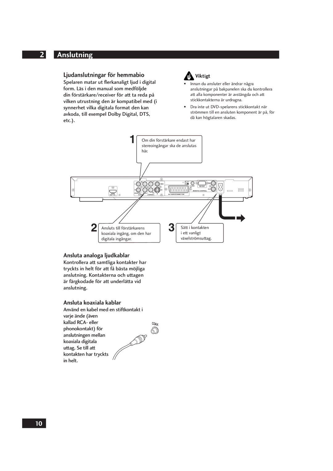 Marantz DV4001 manual Ljudanslutningar för hemmabio, Ansluta analoga ljudkablar, Ansluta koaxiala kablar 