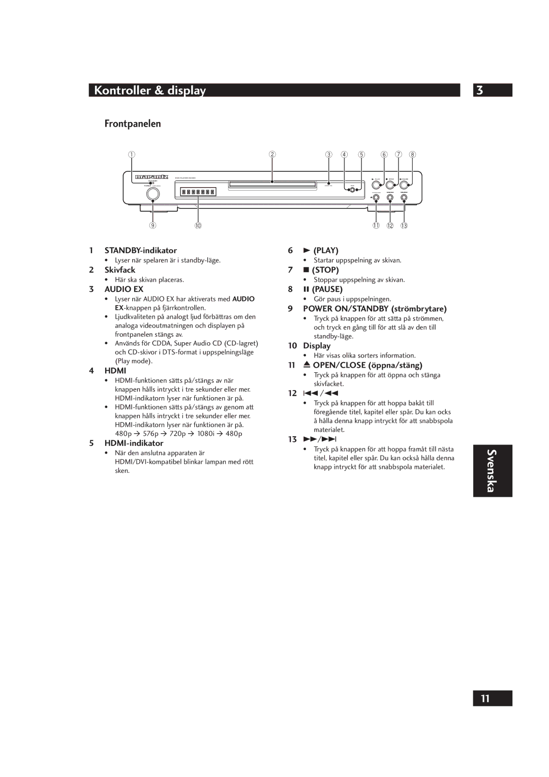 Marantz DV4001 manual Kontroller & display, Frontpanelen 