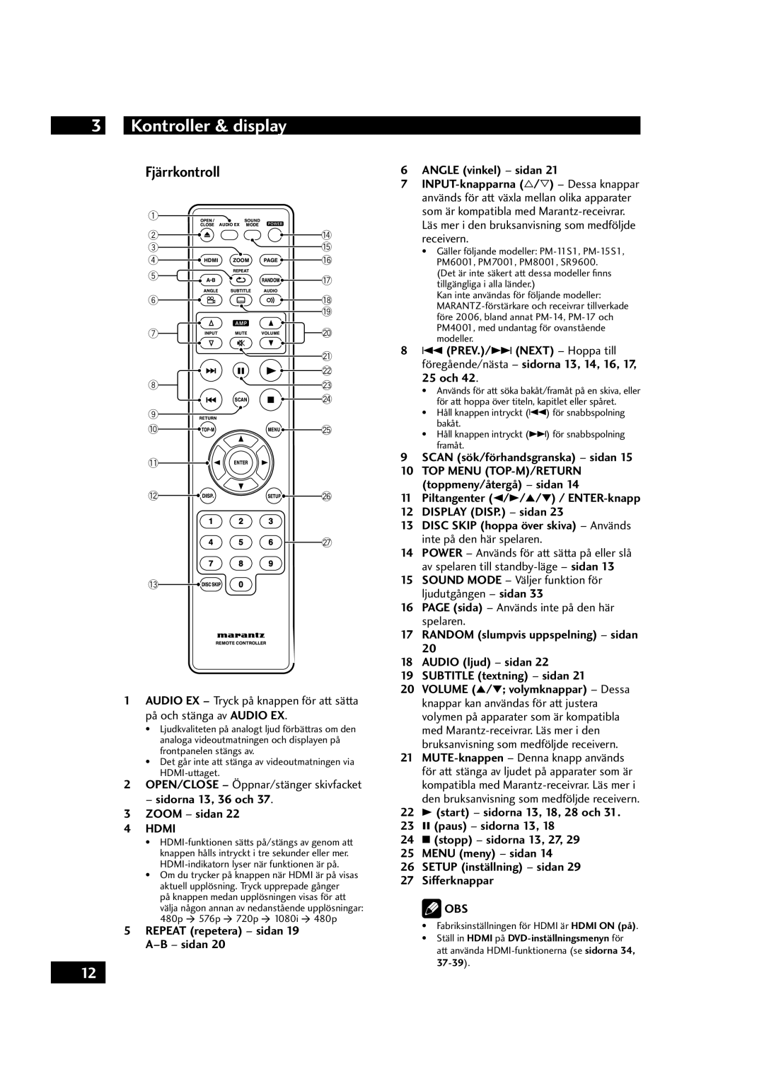 Marantz DV4001 manual Fjärrkontroll, OPEN/CLOSE Öppnar/stänger skivfacket, Sidorna 13, 36 och Zoom sidan 