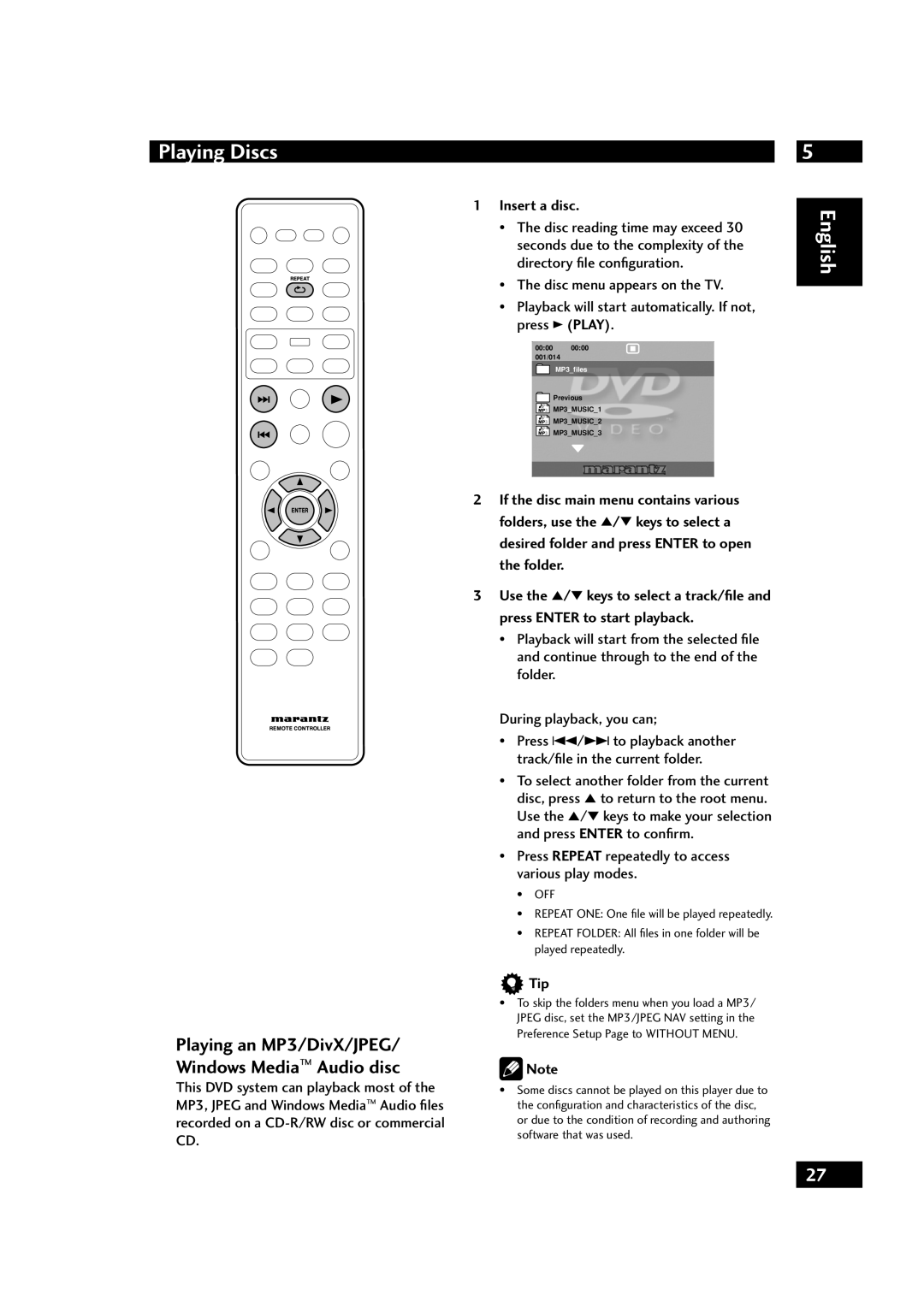 Marantz DV4001 manual Playing an MP3/DivX/JPEG/ Windows Media Audio disc, Insert a disc, Disc reading time may exceed, Tip 