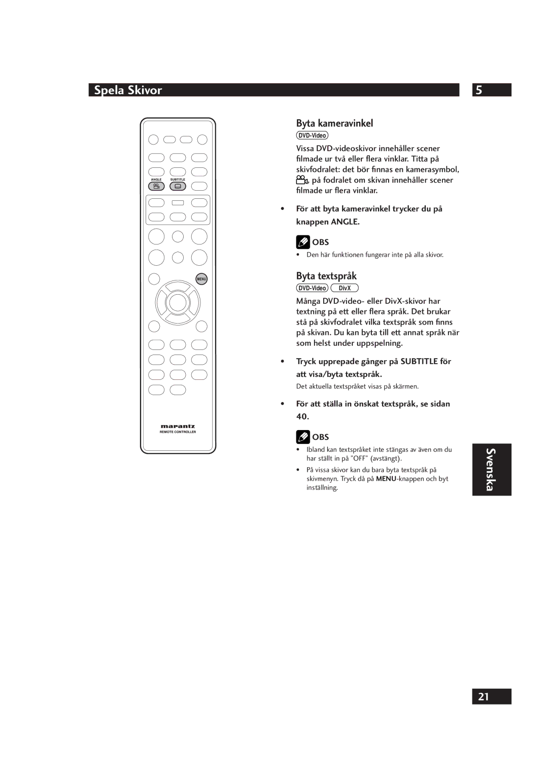 Marantz DV4001 manual Byta kameravinkel, Byta textspråk, För att byta kameravinkel trycker du på knappen Angle 