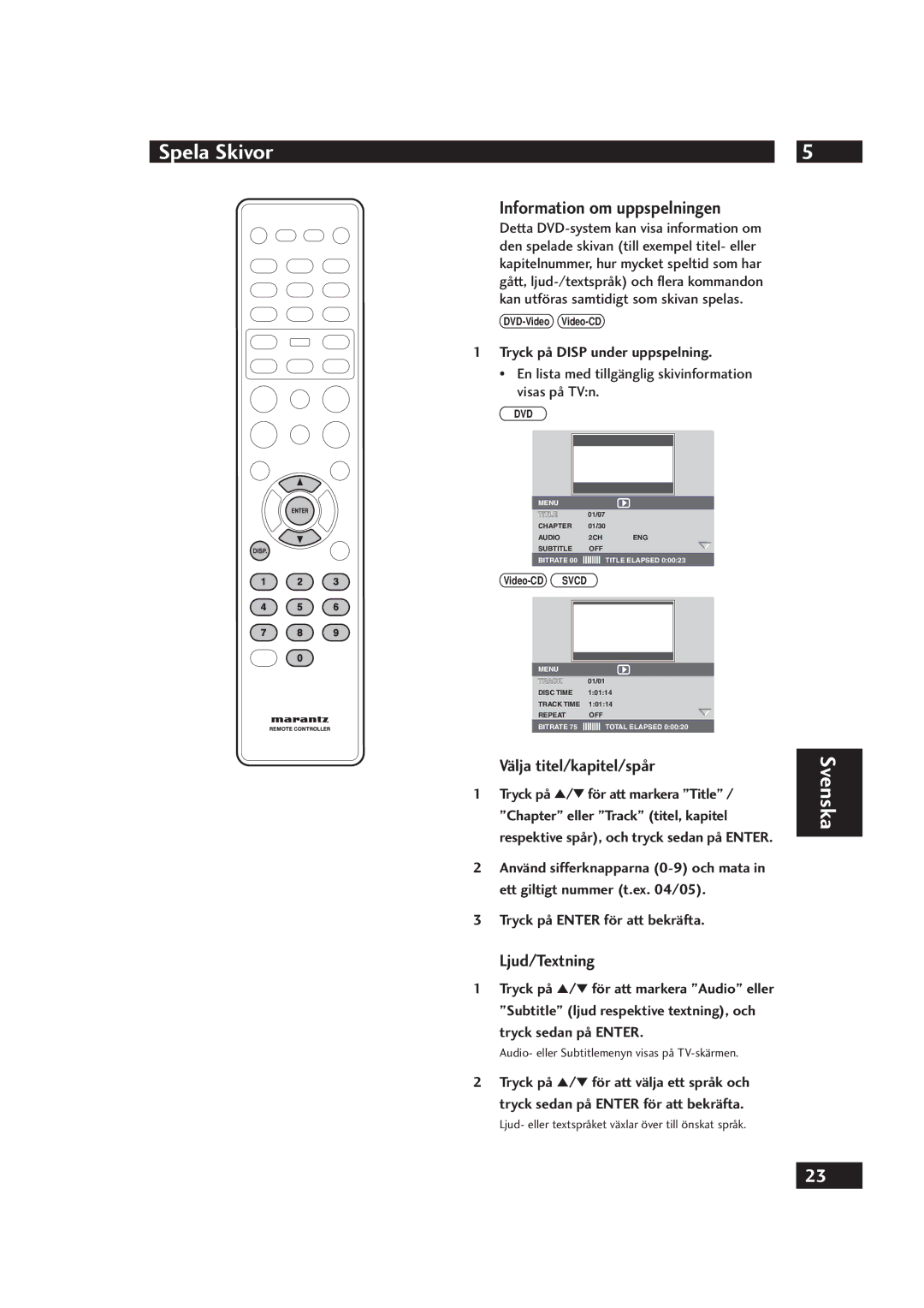 Marantz DV4001 manual Information om uppspelningen, Välja titel/kapitel/spår, Ljud/Textning 