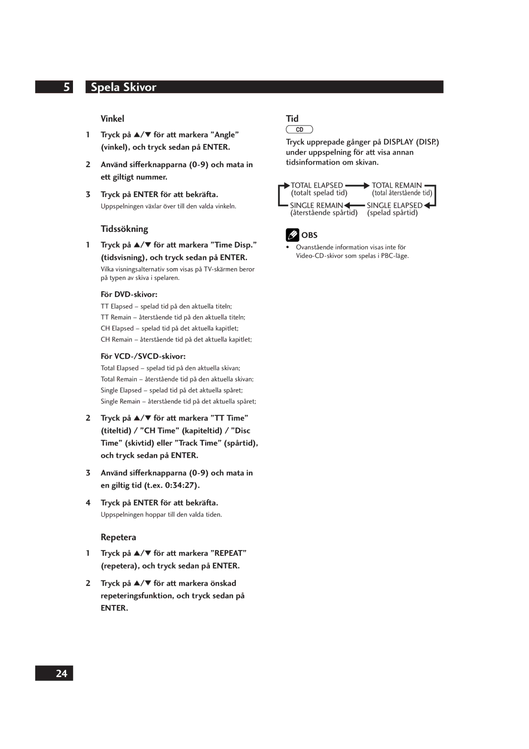 Marantz DV4001 manual Vinkel, Tidssökning, Repetera 