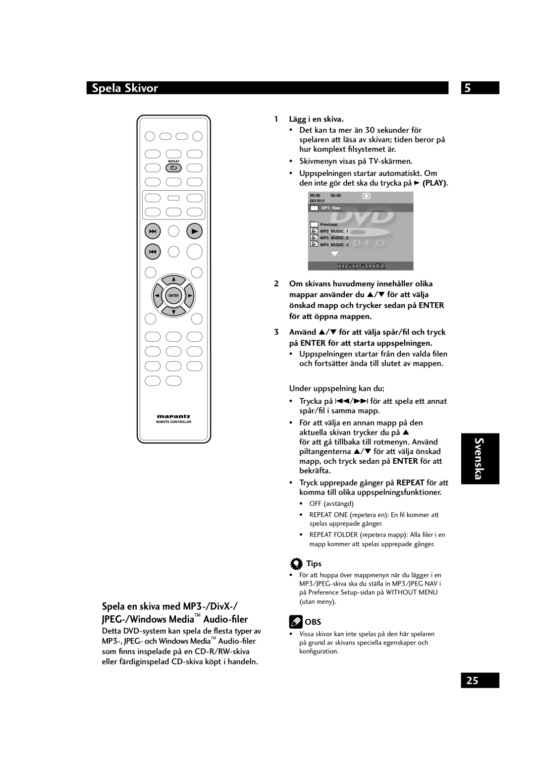 Marantz DV4001 manual Lägg i en skiva, Tips 