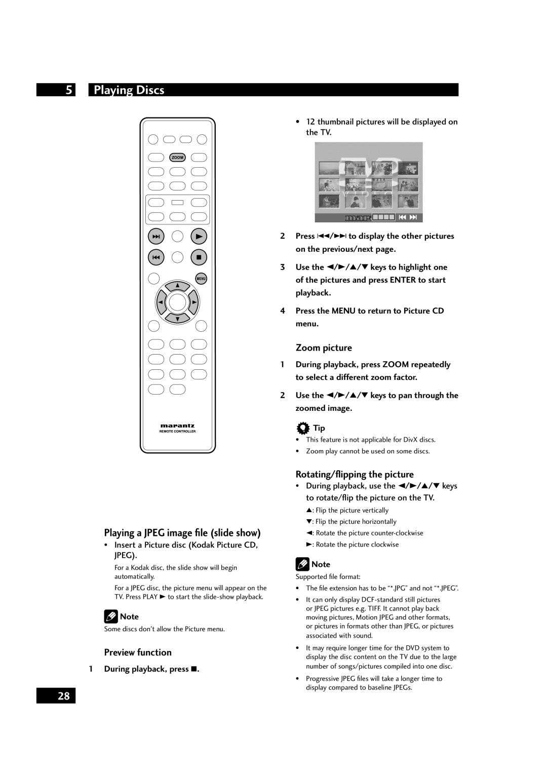 Marantz DV4001 manual Zoom picture, Playing a Jpeg image ﬁle slide show, Preview function, Rotating/ﬂipping the picture 