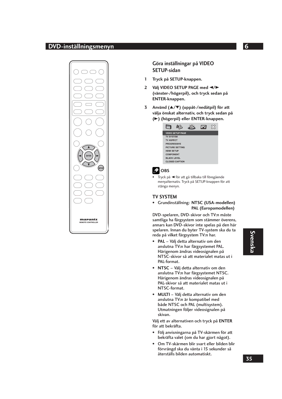 Marantz DV4001 manual Göra inställningar på Video SETUP-sidan, Grundinställning Ntsc USA-modellen PAL Europamodellen 