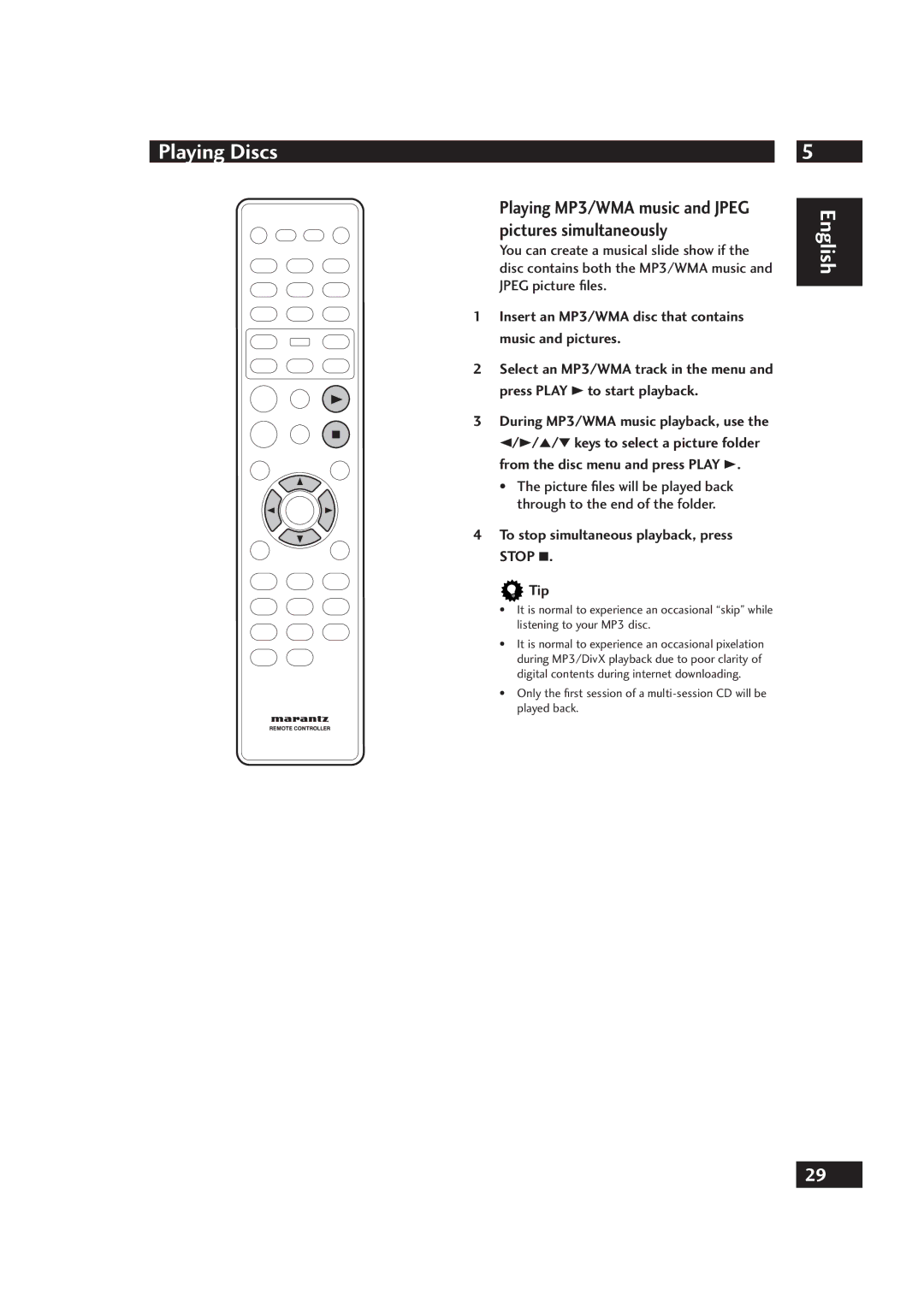 Marantz DV4001 manual Playing MP3/WMA music and Jpeg pictures simultaneously, To stop simultaneous playback, press Stop Tip 