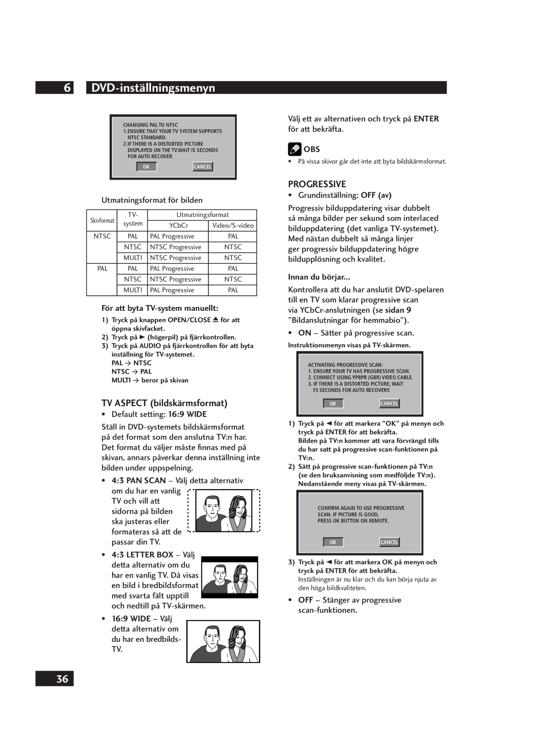 Marantz DV4001 manual TV Aspect bildskärmsformat, För att byta TV-system manuellt, Letter BOX Välj, Wide Välj 