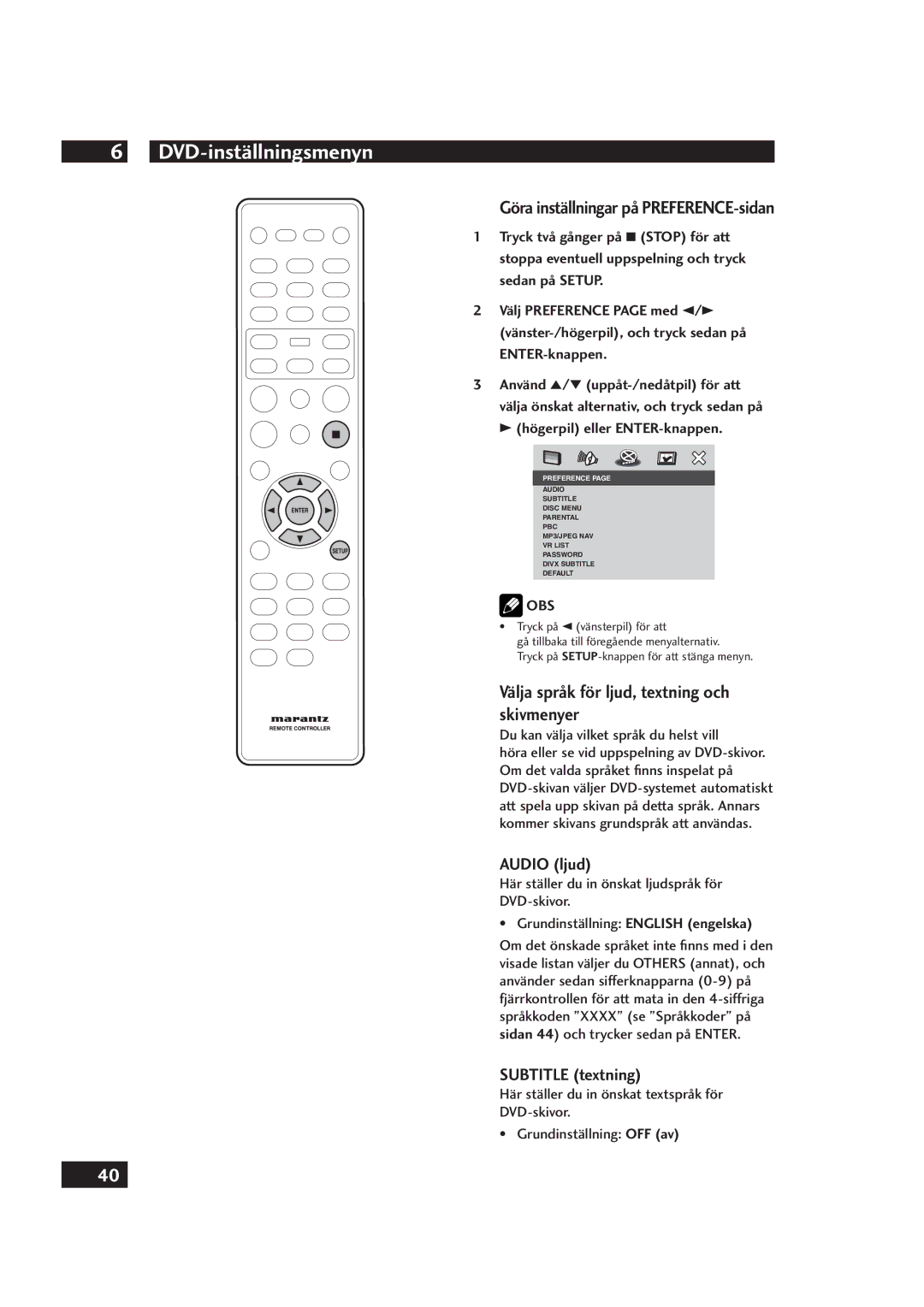 Marantz DV4001 manual Välja språk för ljud, textning och skivmenyer, Göra inställningar på PREFERENCE-sidan, Audio ljud 