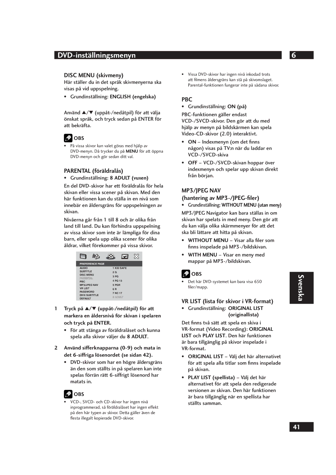 Marantz DV4001 Disc Menu skivmeny, Parental föräldralås, Hantering av MP3-/JPEG-ﬁler, VR List lista för skivor i VR-format 