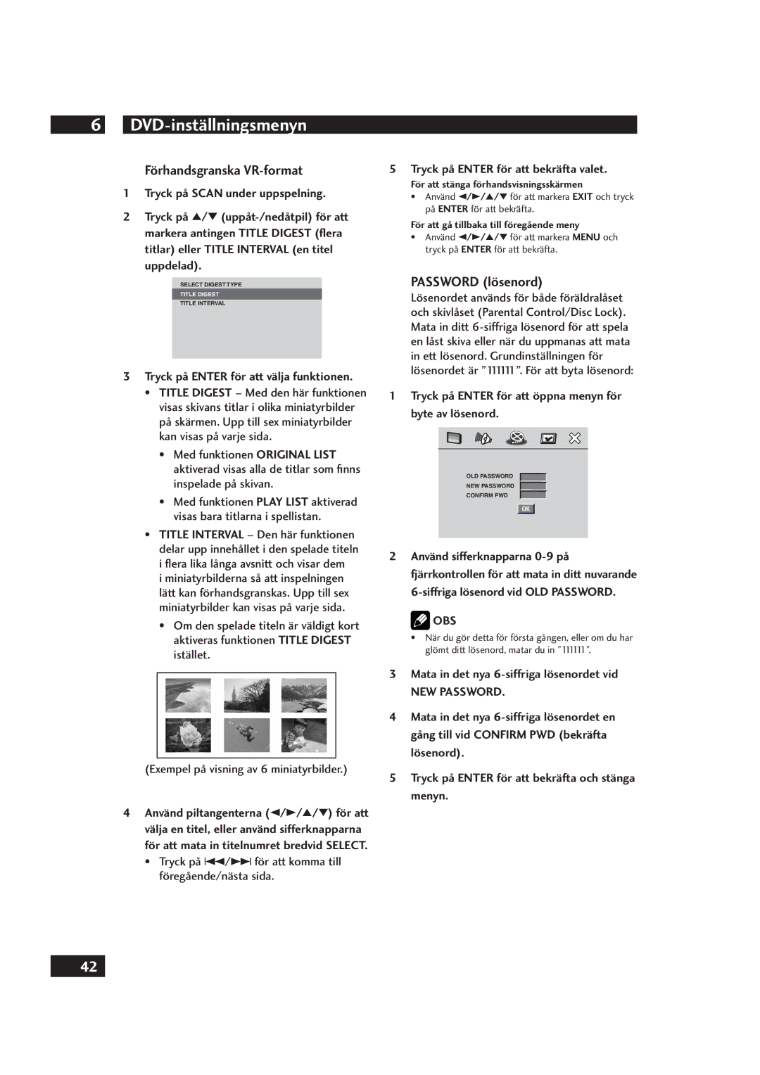 Marantz DV4001 manual Förhandsgranska VR-format, Password lösenord 