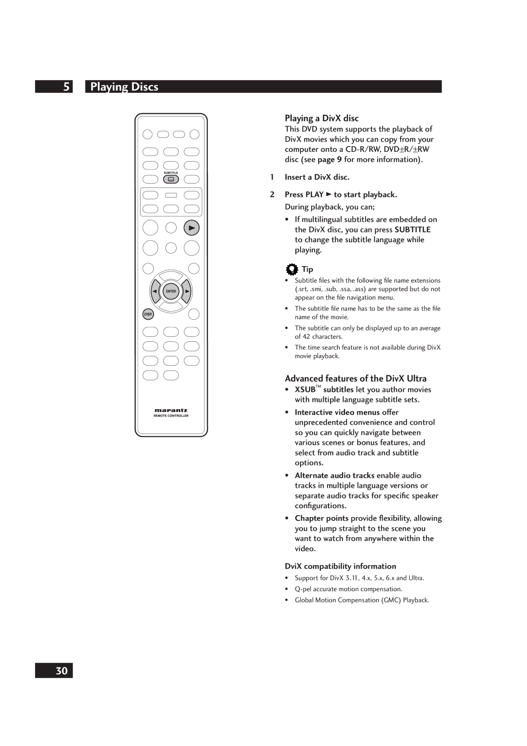 Marantz DV4001 Playing a DivX disc, Advanced features of the DivX Ultra, Insert a DivX disc Press Play 3 to start playback 