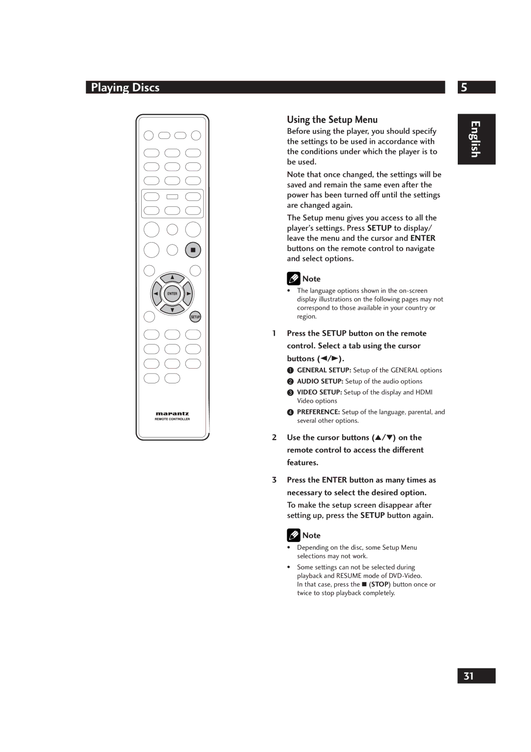 Marantz DV4001 manual Using the Setup Menu 