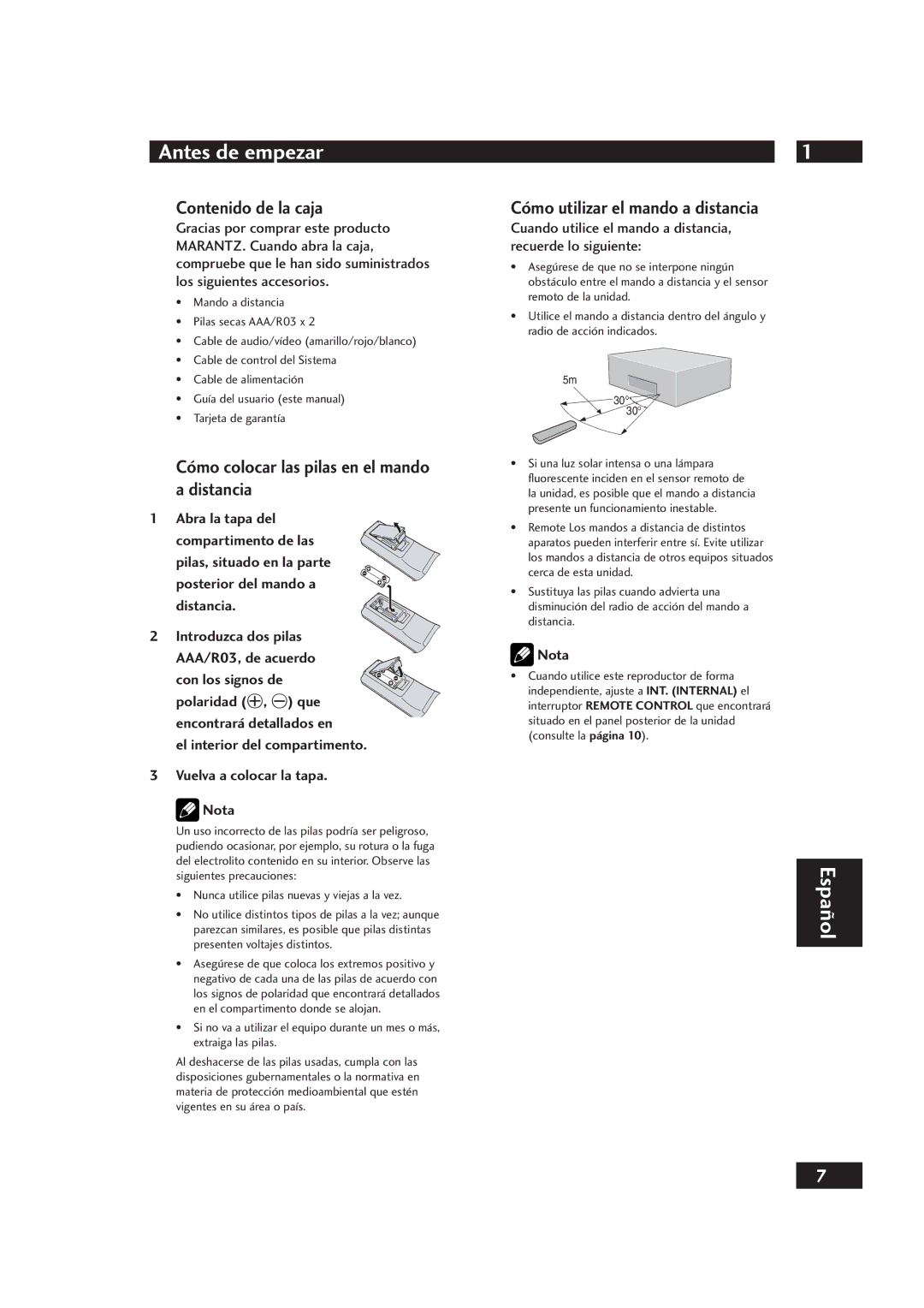 Marantz DV4001 Contenido de la caja, Cómo colocar las pilas en el mando a distancia, Cómo utilizar el mando a distancia 