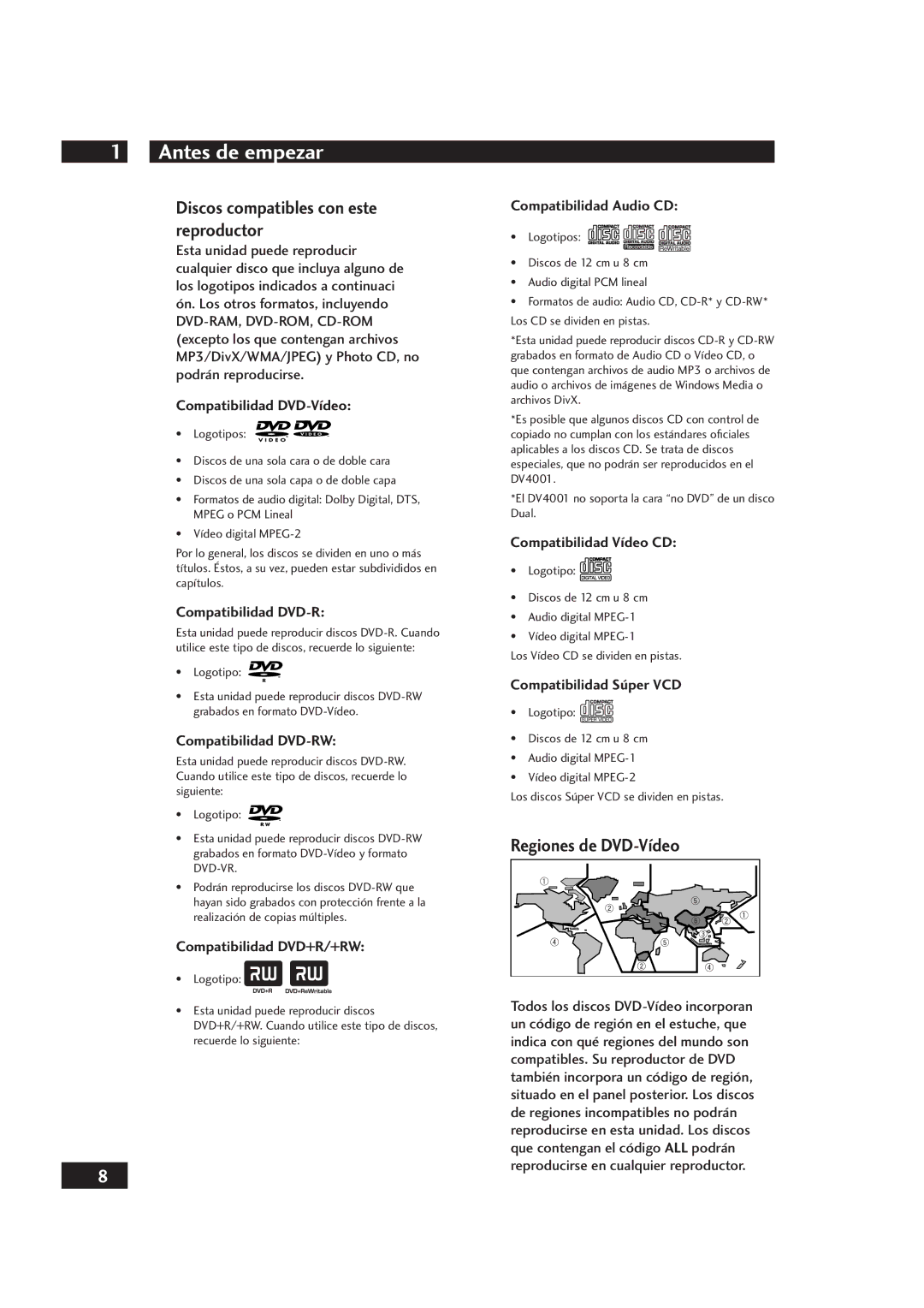 Marantz DV4001 manual Discos compatibles con este reproductor, Regiones de DVD-Vídeo 