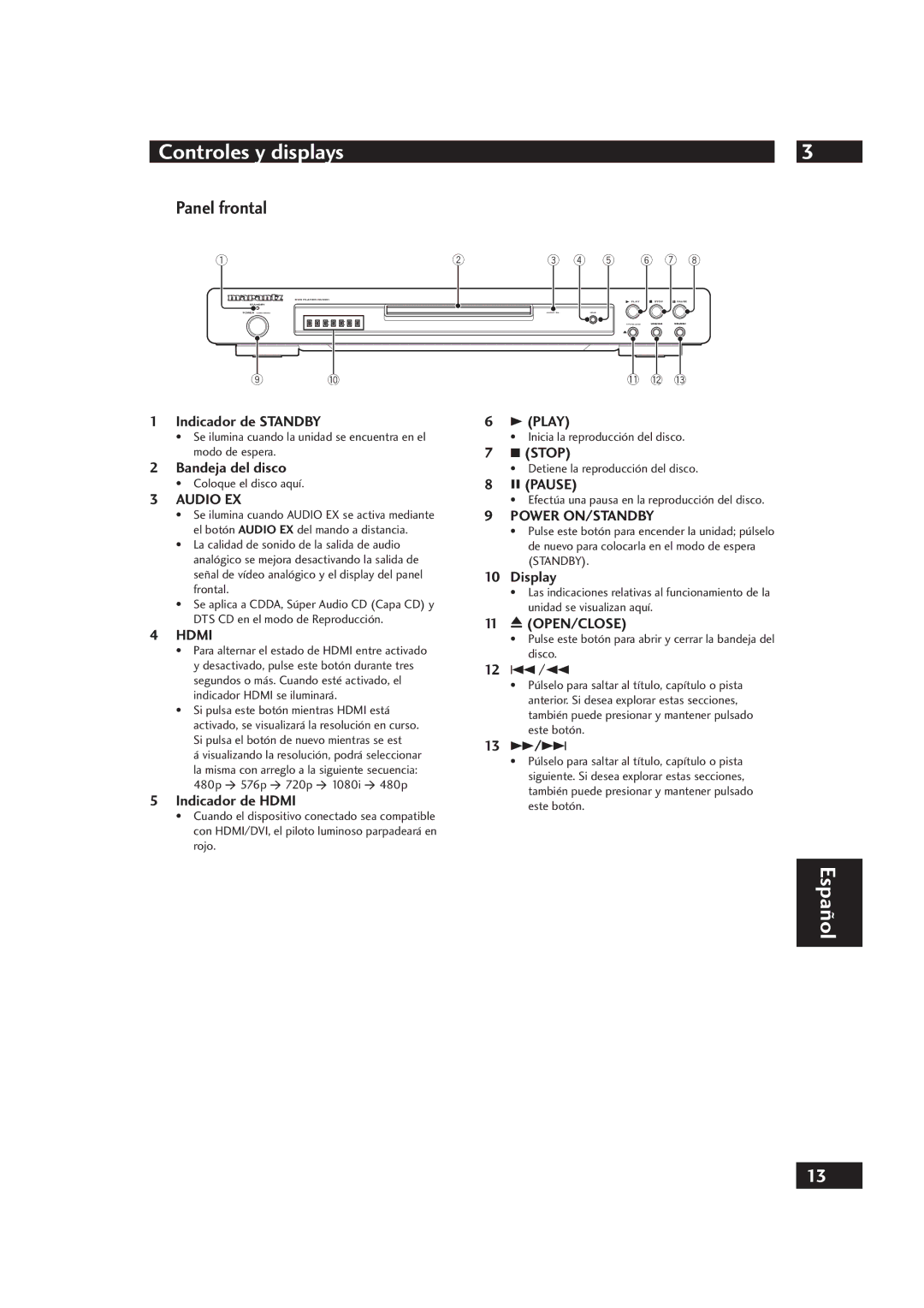 Marantz DV4001 manual Controles y displays, Panel frontal, Indicador de Standby, Bandeja del disco, Indicador de Hdmi 