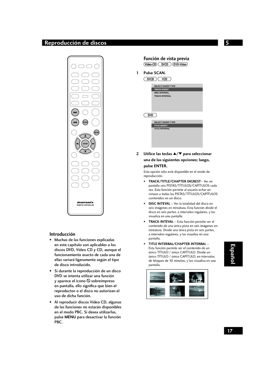 Marantz DV4001 manual Reproducción de discos, Introducción, Función de vista previa, Pulse Scan, Pulse Enter 