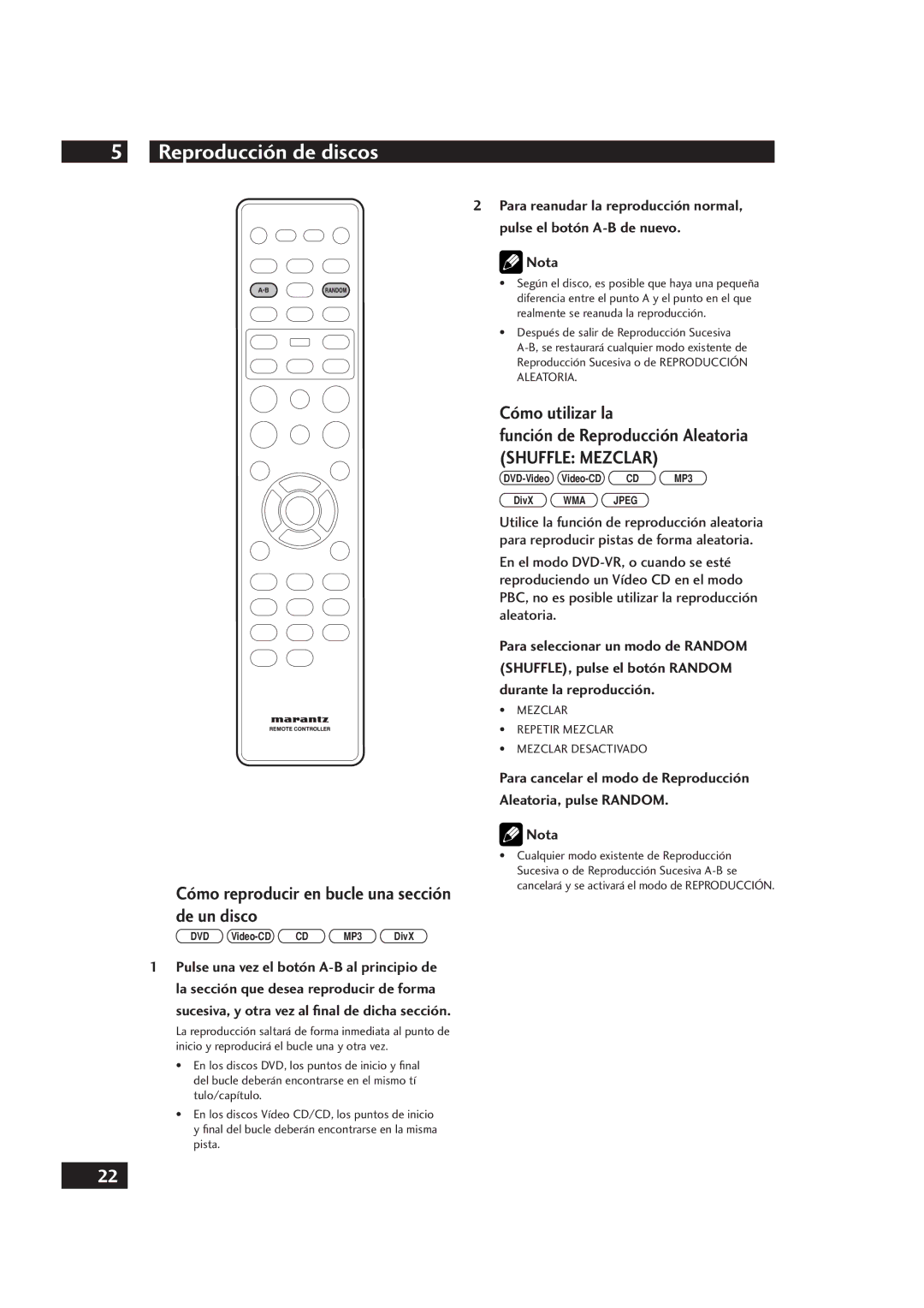 Marantz DV4001 manual Cómo reproducir en bucle una sección de un disco, Cómo utilizar la Función de Reproducción Aleatoria 