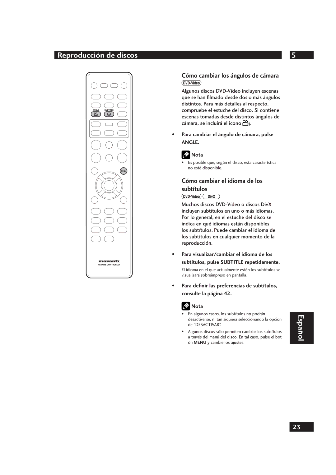 Marantz DV4001 manual Cómo cambiar los ángulos de cámara, Cómo cambiar el idioma de los subtítulos, Angle 