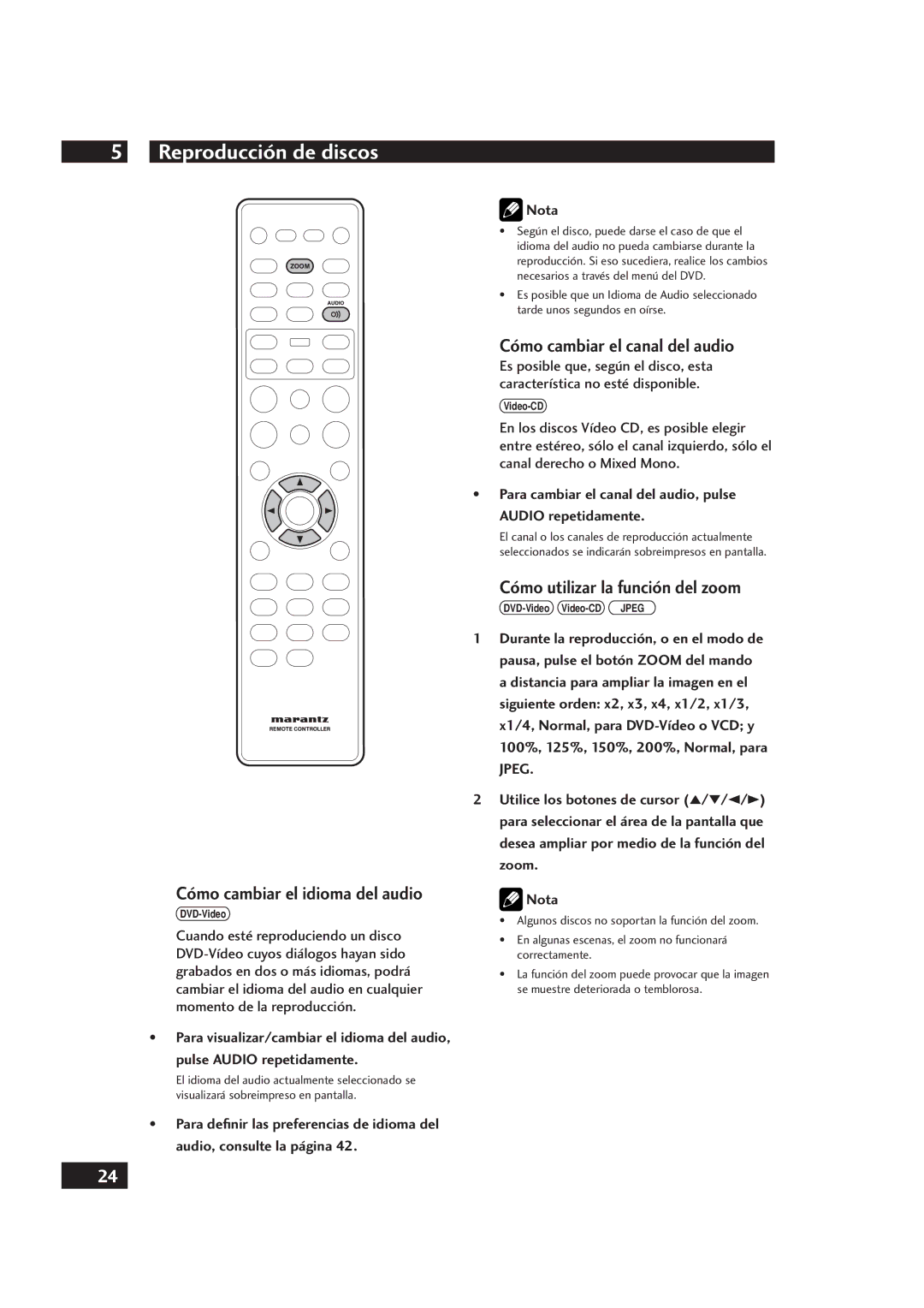 Marantz DV4001 manual Cómo cambiar el canal del audio, Cómo utilizar la función del zoom, Cómo cambiar el idioma del audio 