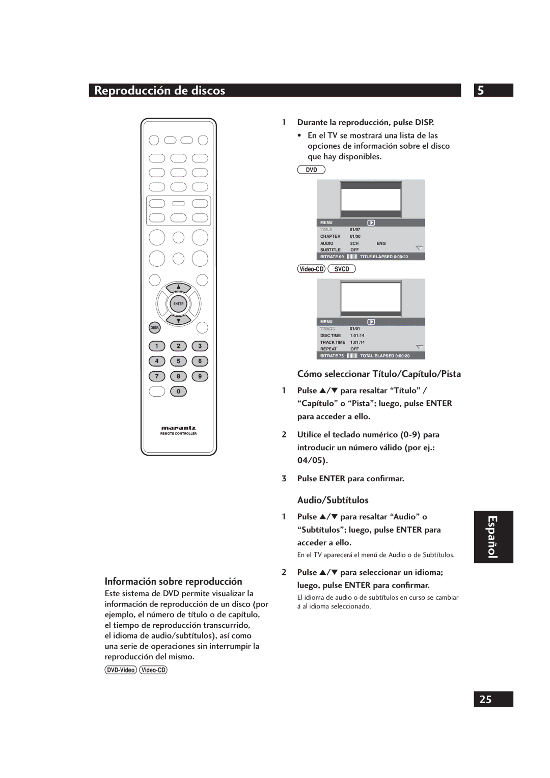 Marantz DV4001 Información sobre reproducción, Cómo seleccionar Título/Capítulo/Pista, Audio/Subtítulos, Acceder a ello 