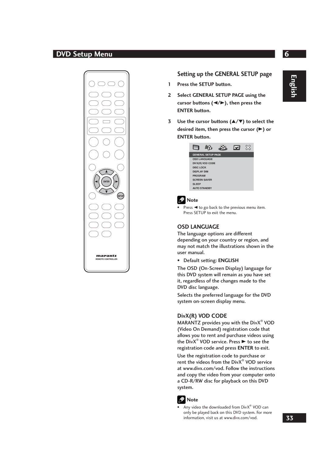 Marantz DV4001 manual OSD Language, DivXR VOD Code, Press the Setup button, Enter button 