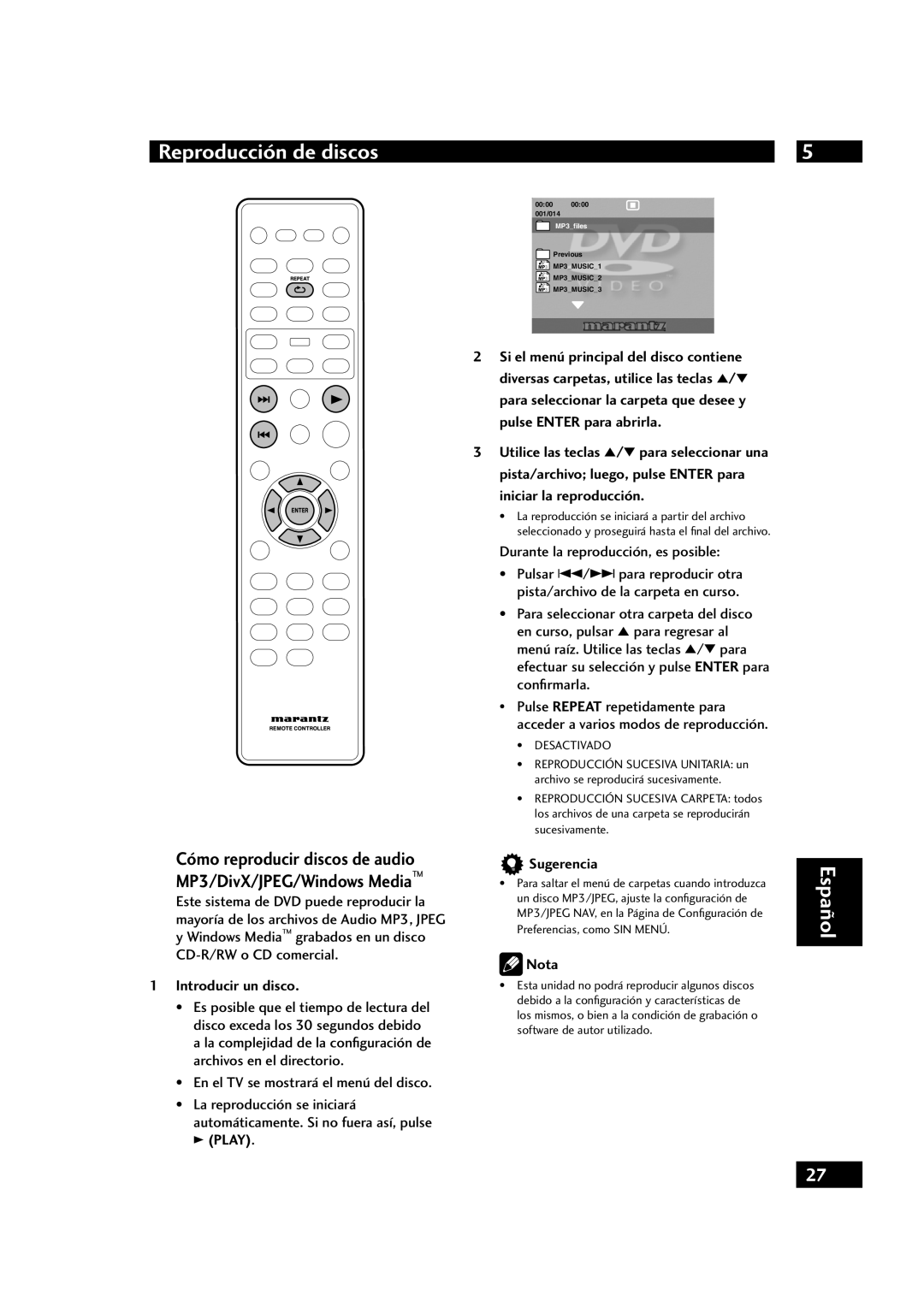 Marantz DV4001 manual Cómo reproducir discos de audio MP3/DivX/JPEG/Windows Media, Introducir un disco, Sugerencia 