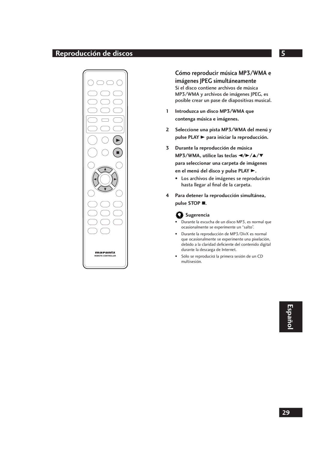 Marantz DV4001 manual Introduzca un disco MP3/WMA que contenga música e imágenes 