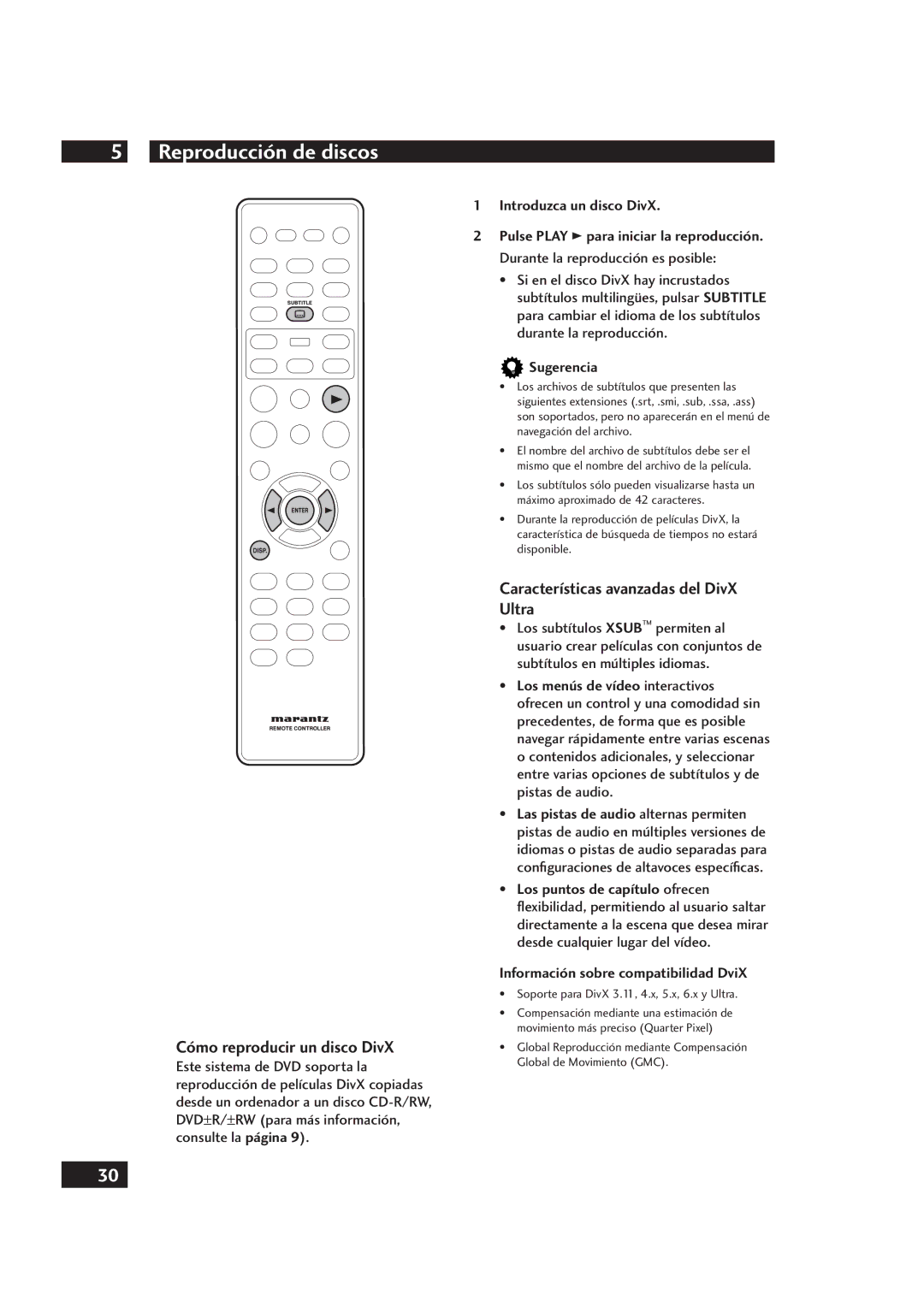 Marantz DV4001 manual Cómo reproducir un disco DivX, Características avanzadas del DivX Ultra, Introduzca un disco DivX 