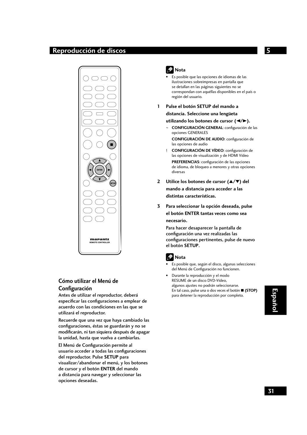 Marantz DV4001 manual Cómo utilizar el Menú de Configuración, Distancia para navegar y seleccionar las opciones deseadas 