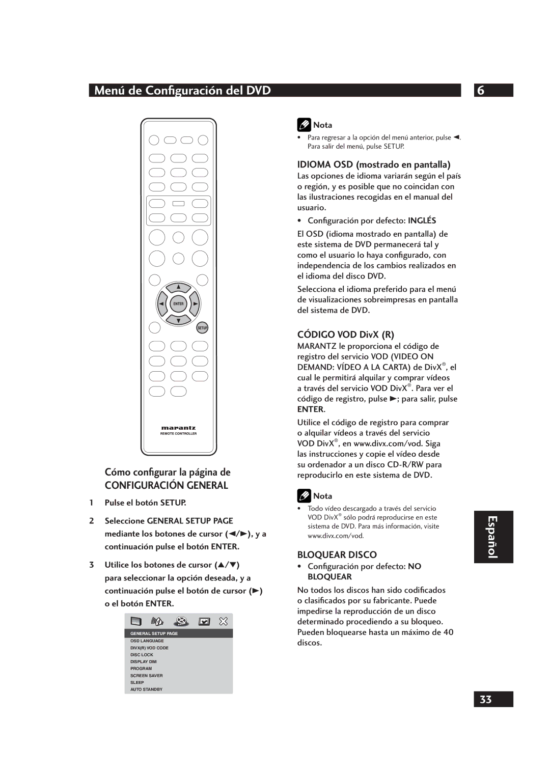 Marantz DV4001 manual Cómo conﬁgurar la página de, Idioma OSD mostrado en pantalla, Código VOD DivX R, Bloquear Disco 