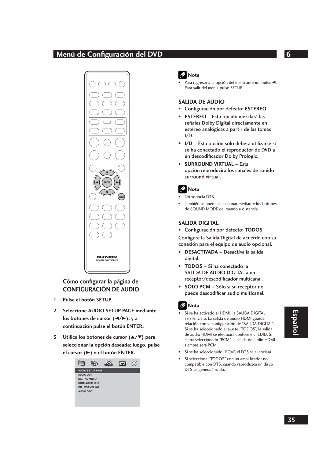 Marantz DV4001 manual Salida DE Audio, Salida Digital, Surround Virtual Esta 