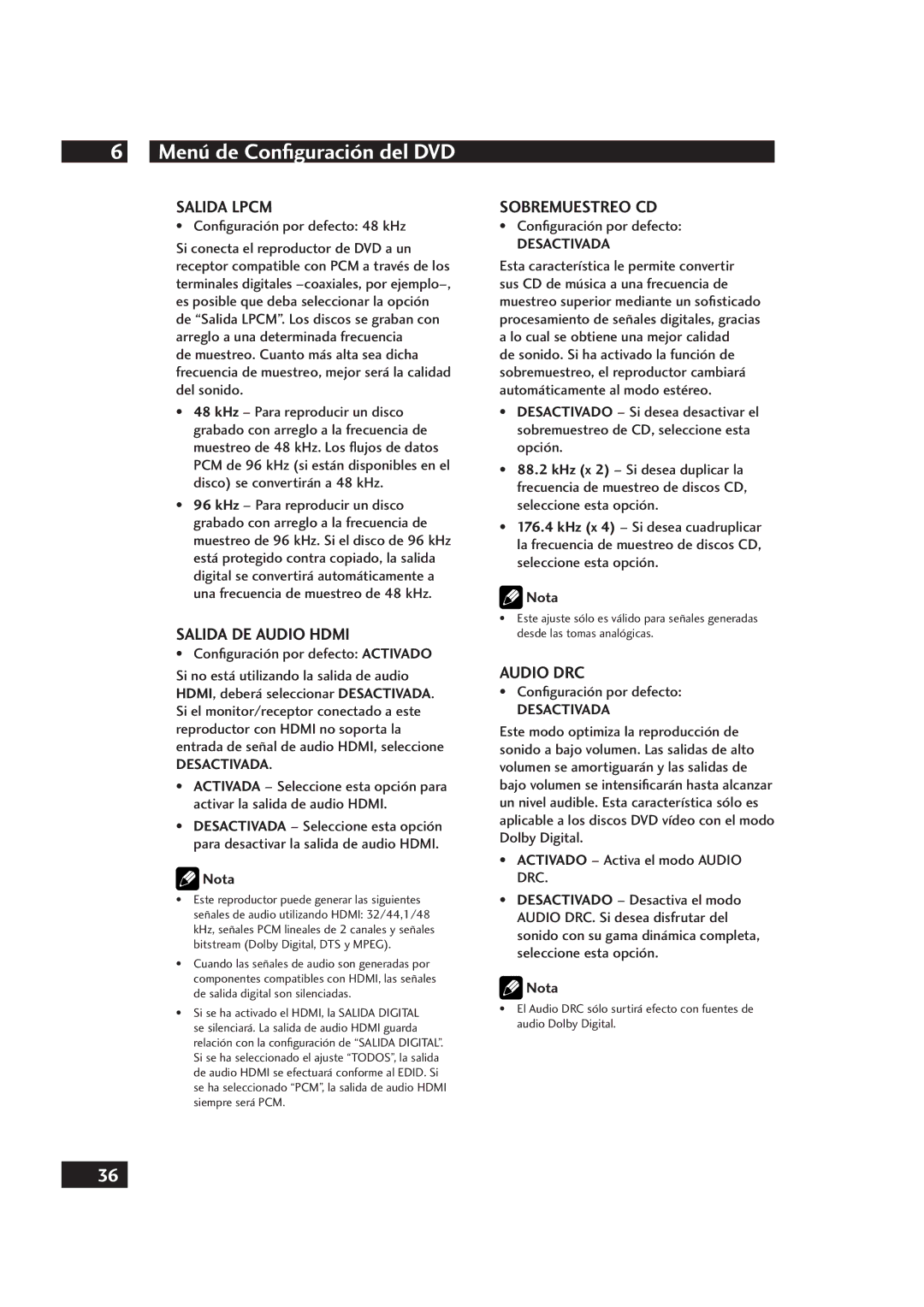 Marantz DV4001 manual Salida Lpcm, Salida DE Audio Hdmi, Sobremuestreo CD, Conﬁguración por defecto 48 kHz 