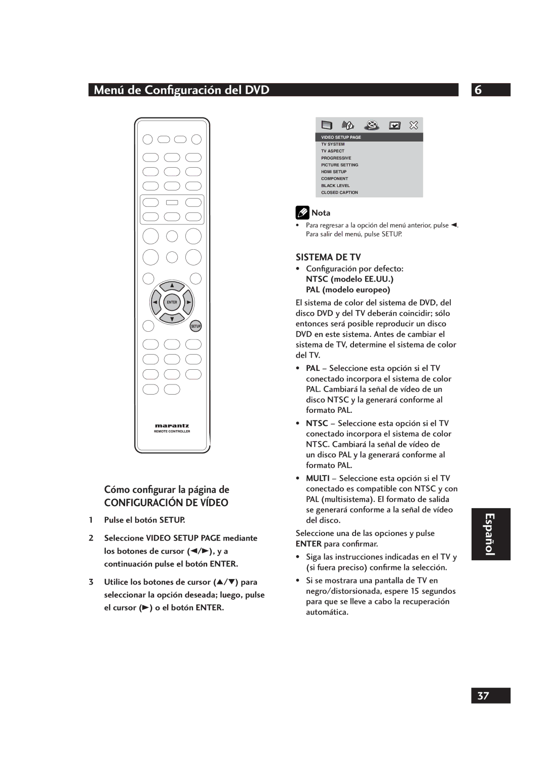 Marantz DV4001 manual Sistema DE TV, Ntsc modelo EE.UU. PAL modelo europeo 