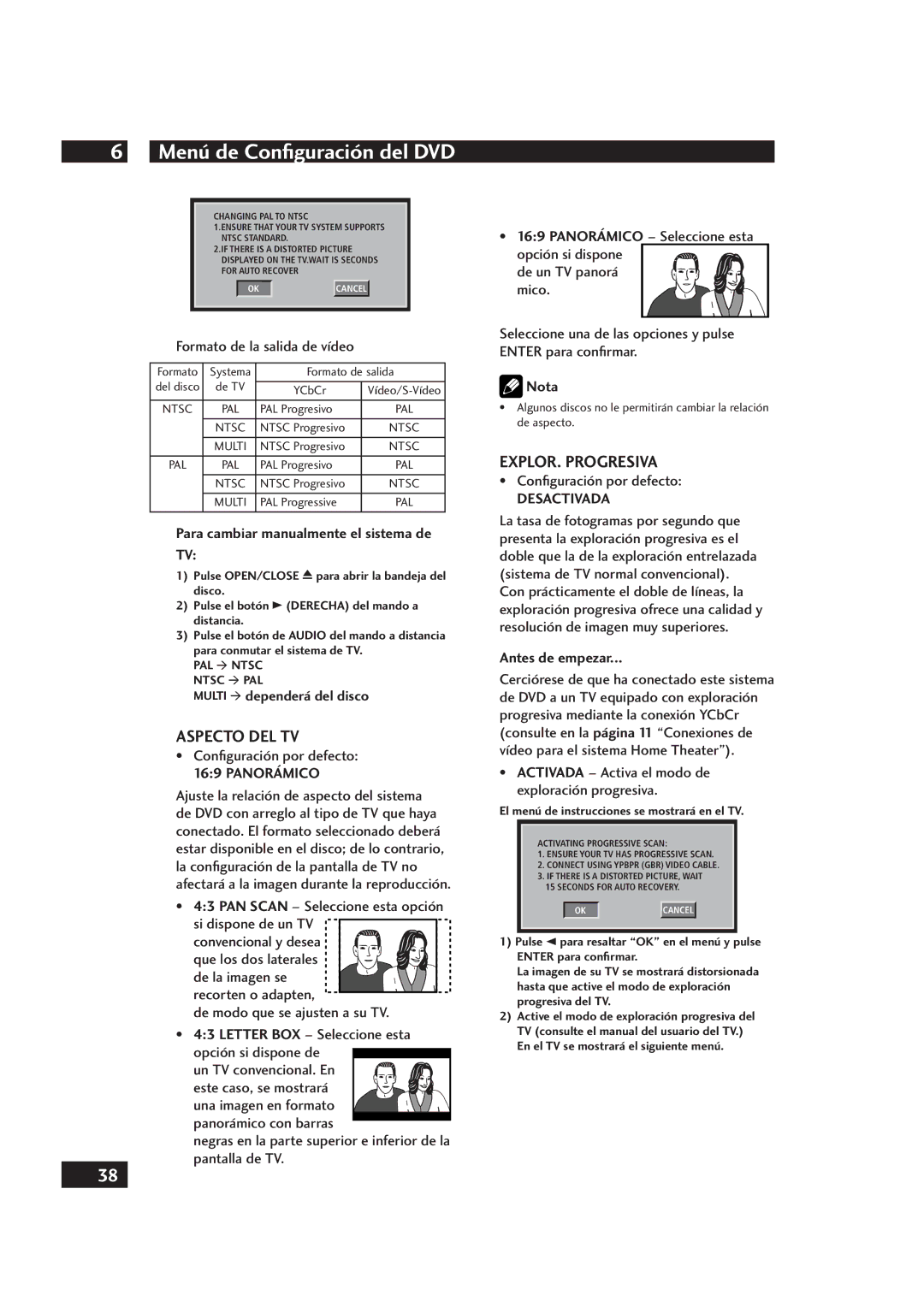 Marantz DV4001 Aspecto DEL TV, EXPLOR. Progresiva, Para cambiar manualmente el sistema de, Panorámico 